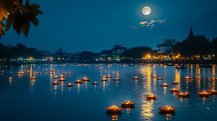 Wall Mural - a serene view of floating krathongs on a river under a full moon during the thailand loy krathong fe