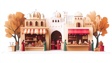 Wall Mural - A vibrant market scene with stalls selling goods, surrounded by autumn trees and architecture.