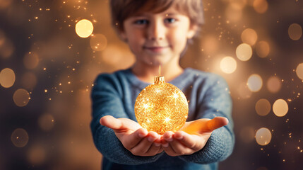 Wall Mural - Small boy holding in hands golden Christmas tree ornament ball. Sparkling lights glitter on dark blue background. Holiday celebration magical atmosphere