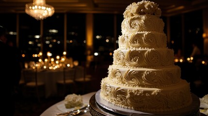 Wall Mural - A beautifully decorated wedding cake displayed at a reception with elegant lighting.