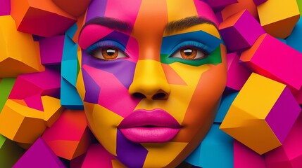 Canvas Print - Close-up portrait of a woman's face with colorful geometric shapes.