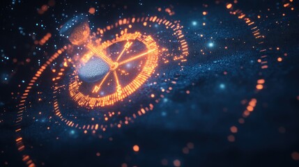 Wall Mural - a digital representation of time with an hourglass and glowing particles in a cosmic setting.