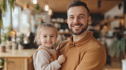 Cafe interior: father and daughter with cheerful smiles.