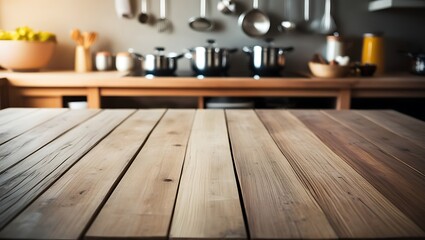 Modern kitchen interior with wooden empty table. Generative Ai.