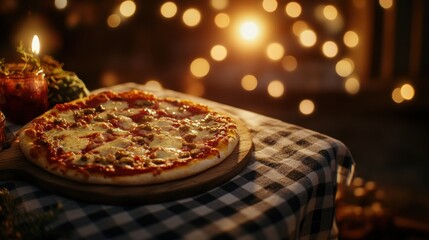 Sticker - A delicious pizza on a checkered tablecloth, illuminated by warm lights.