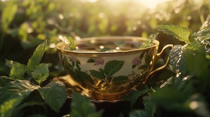 Sticker - A delicate teacup rests among lush green leaves, illuminated by soft sunlight.