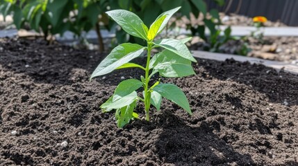 A young green plant emerging from dark soil in a garden bed.