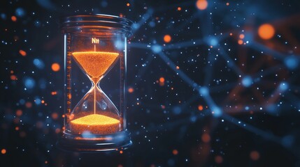 Wall Mural - an hourglass filled with glowing orange sand, set against a cosmic background.