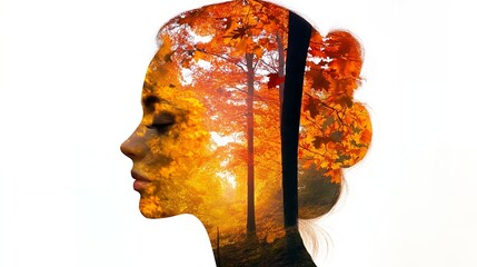 Poster - Woman's face with autumn leaves and a forest in the background.