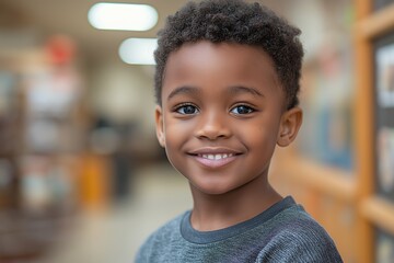 Wall Mural - Close-up portrait of a young African American boy smiling in a library.