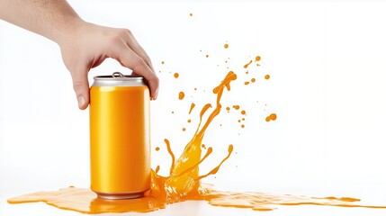 Hand holding a can of orange juice with splash and drops.