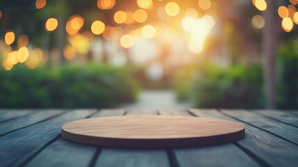 Sticker - A wooden surface in a garden setting with blurred lights in the background.