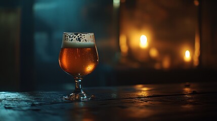 Wall Mural - A glass of amber beer sits on a wooden table, illuminated by soft candlelight.