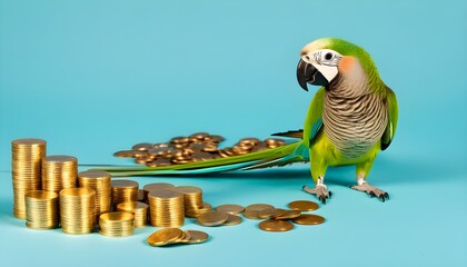 Wall Mural - Colorful parrot perched on gold coins against vibrant blue backdrop, symbolizing wealth and financial prosperity