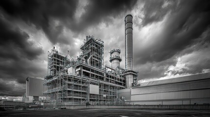 Poster - A monochrome industrial facility with towering structures and a dramatic sky.