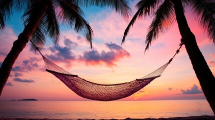 A hammock swaying gently between two palm trees on a secluded beach, with a view of the ocean and a tropical sunset.