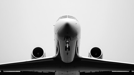 Canvas Print - A monochrome image of an airplane viewed from below, emphasizing its structure and design.