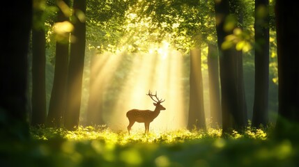 Wall Mural - A solitary deer grazing in a clearing surrounded by towering trees with sunlight filtering through the leaves.