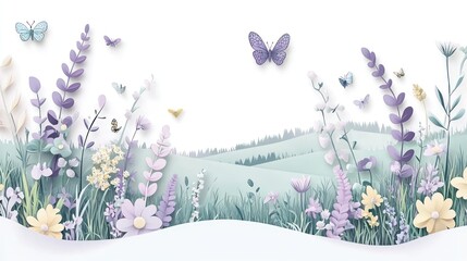 Wall Mural - A serene landscape featuring pastel flowers and butterflies in a tranquil setting.