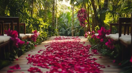 Poster - A beautifully arranged floral path leading to a serene outdoor ceremony space.