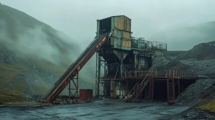 Wall Mural - An industrial site featuring a large machinery structure and conveyor belt in a misty landscape.