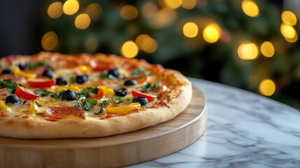 Canvas Print - A delicious pizza topped with colorful vegetables on a marble table, with blurred lights in the background.