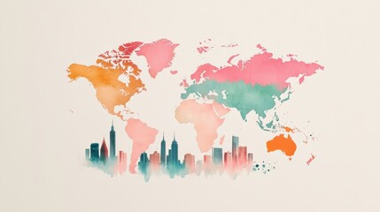 Sticker - Artistic World Map with Watercolor Textures, An artistic map of the world incorporating watercolor textures, splatters, and brushstrokes for a unique visual appeal.