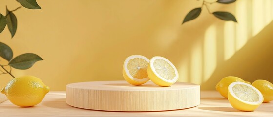 Fresh lemons on a wooden cutting board, with a yellow background and natural lighting.