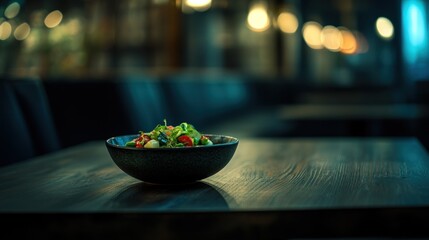 Sticker - A beautifully arranged salad in a dimly lit restaurant setting.