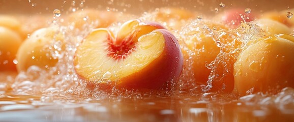 Fresh peaches splashing in water, highlighting their juicy texture and vibrant colors.