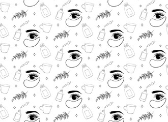 Seamless vector pattern cosmetics for skin care and make-up in engraving style. Cream, patches, serum, shadows, mascara, lipstick, blush, brushes
