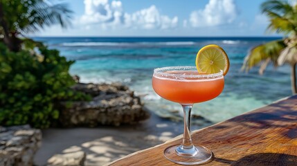 Canvas Print - A refreshing cocktail garnished with a lemon slice, overlooking a beautiful ocean and sandy beach.