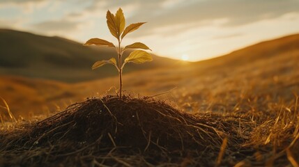 Wall Mural - A young plant grows from soil under a sunset, symbolizing hope and renewal.