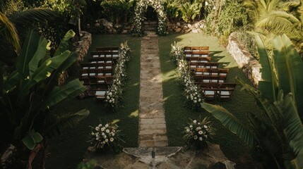 Canvas Print - A serene outdoor wedding venue with rows of chairs and floral decorations.