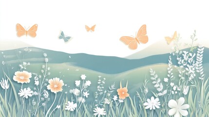 Wall Mural - A serene landscape with butterflies and flowers, evoking tranquility and nature's beauty.