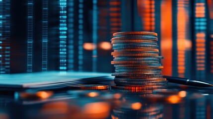 Wall Mural - Stacked coins beside a notebook and pen, suggesting financial planning or investment.