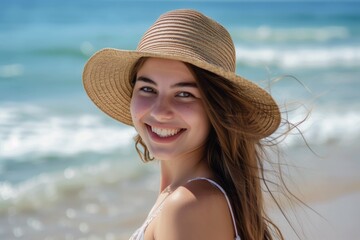 A woman with a straw hat is smiling at the camera on a beach