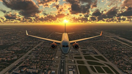 Canvas Print - An airplane flying towards a sunset over a cityscape, showcasing travel and exploration.