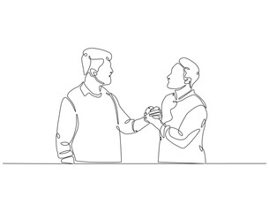 Continuous one line drawing of two man shaking hands. One line drawing illustration of national non violence day. Handshake, support,  concept line art. Editable outline