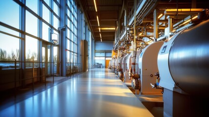 Poster - Industrial facility with large boilers and large windows, showcasing a clean, organized space.