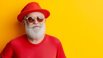 Poster - Smiling senior man with white beard wearing sunglasses and red hat against yellow background.