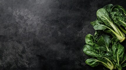 Poster - Fresh green leafy vegetables arranged on a dark surface, ideal for culinary use.