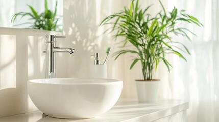 Wall Mural - A modern bathroom sink with a plant, emphasizing cleanliness and tranquility.