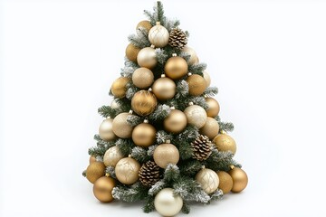 Wall Mural - A small Christmas tree decorated with gold and cream ornaments and pine cones on a white background.