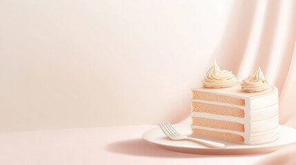 Wall Mural - A slice of layered cake with frosting on a plate, elegantly presented on a soft background.