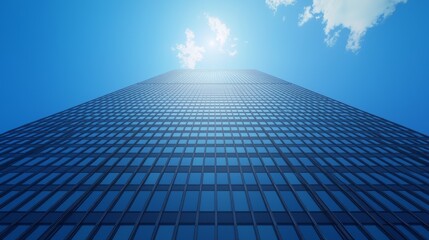 Abstract blue sky with tall, glass skyscrapers reflecting the city lights