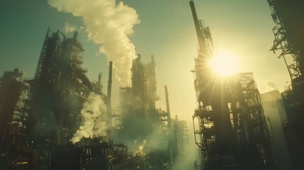 Canvas Print - Industrial complex with smokestacks and sunlight, depicting energy production.