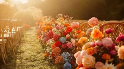 Sticker - A beautifully decorated outdoor wedding aisle with vibrant flowers and chairs.