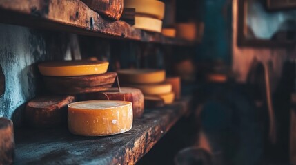 Poster - A rustic shelf displaying various rounds of cheese in a cozy setting.