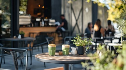 Wall Mural - A cozy café scene with drinks on a table and people enjoying their time.